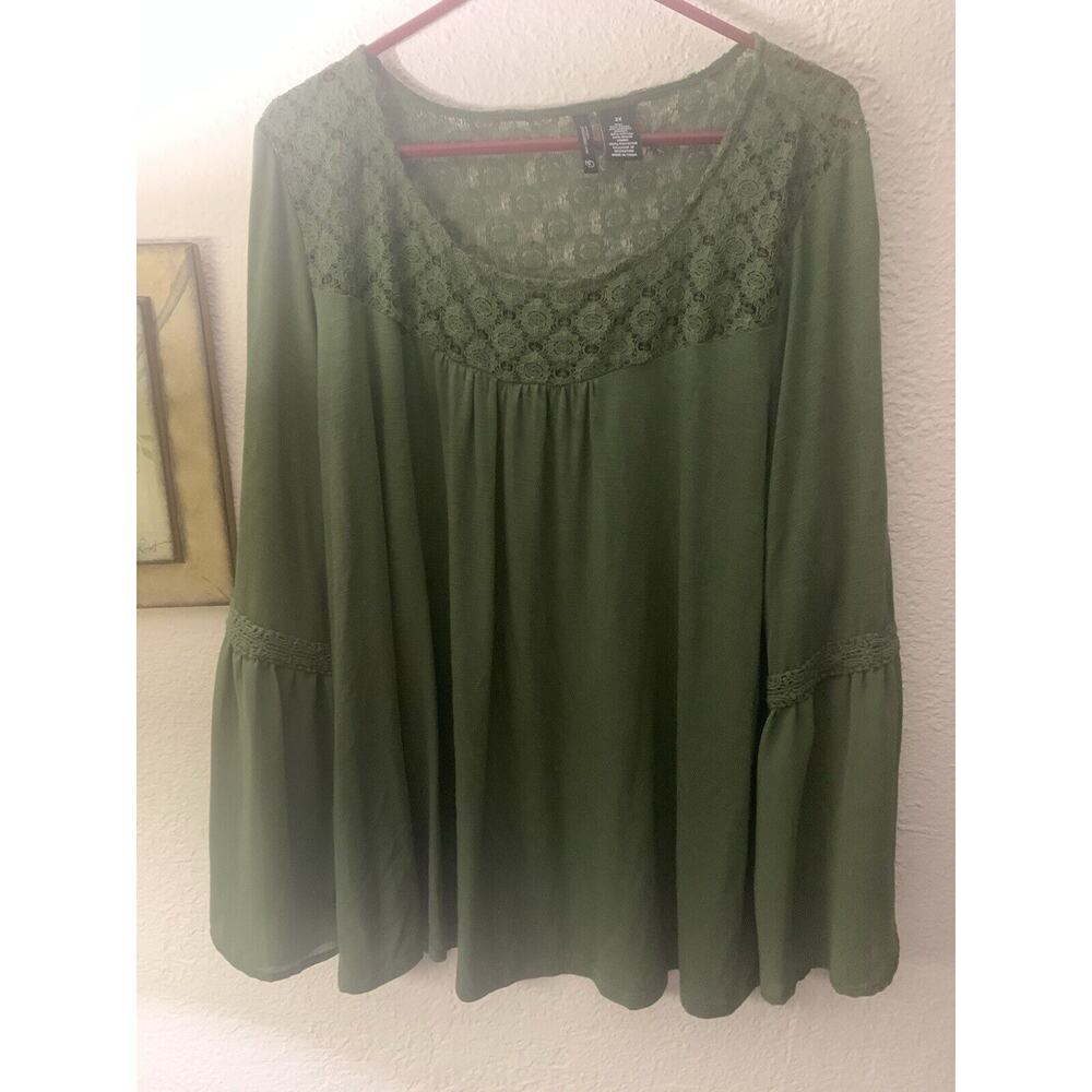 New Directions 2X Sheet Back Olive Long Flowy Sleeve Blouse Comfy Boho Cottage